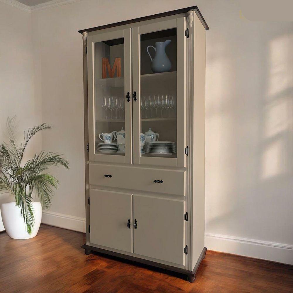 Cristaleira De Madeira 2 Portas 3 Prateleiras 1 Gaveta Pés Torneados - Amêndoa Laca Com Tampo E Base Imbuia Glazer - 1