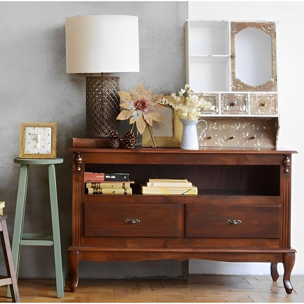 Rack Para Tv 45 Polegadas 2 Gavetas Nicho E Pés Luiz Xv - Castanho Envelhecido - 1