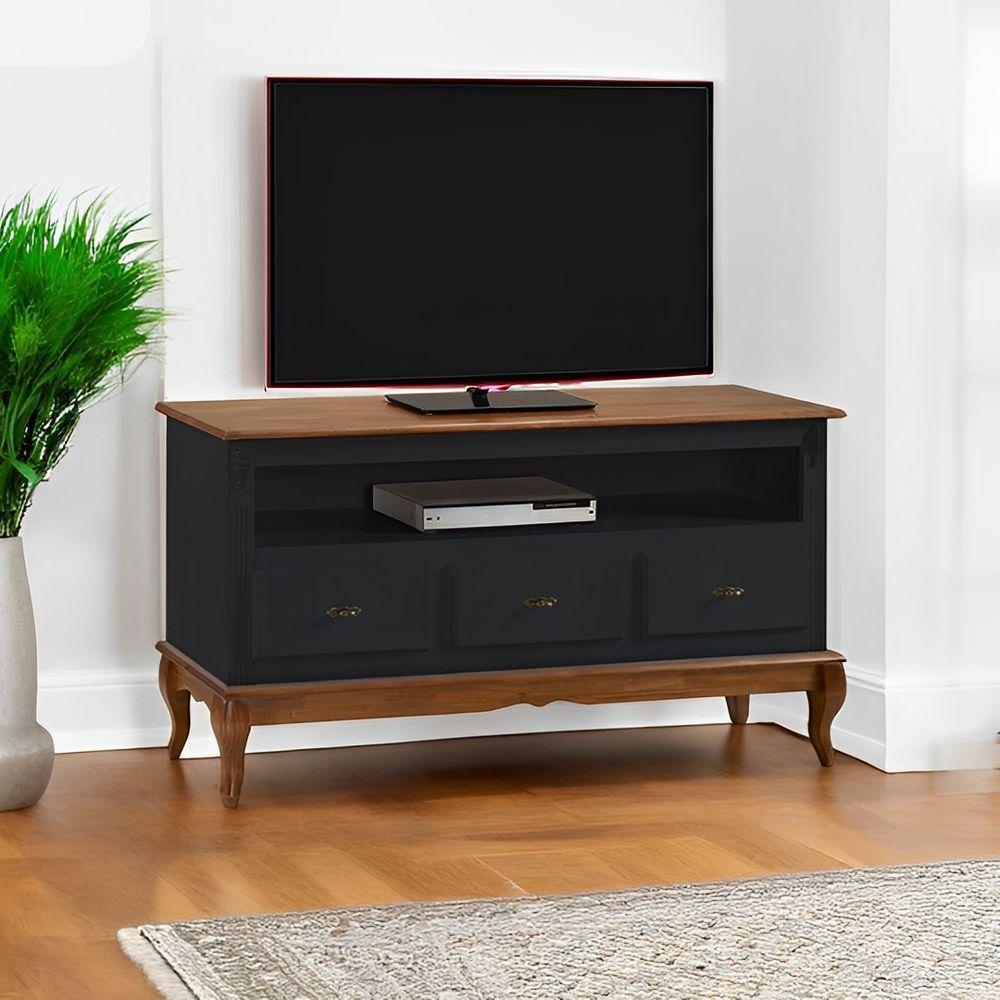 Rack Para Sala 3 Gavetas E Nicho Pés Luis Xv - Preto Laca Com Tampo E Base Imbuia Glazer - 1