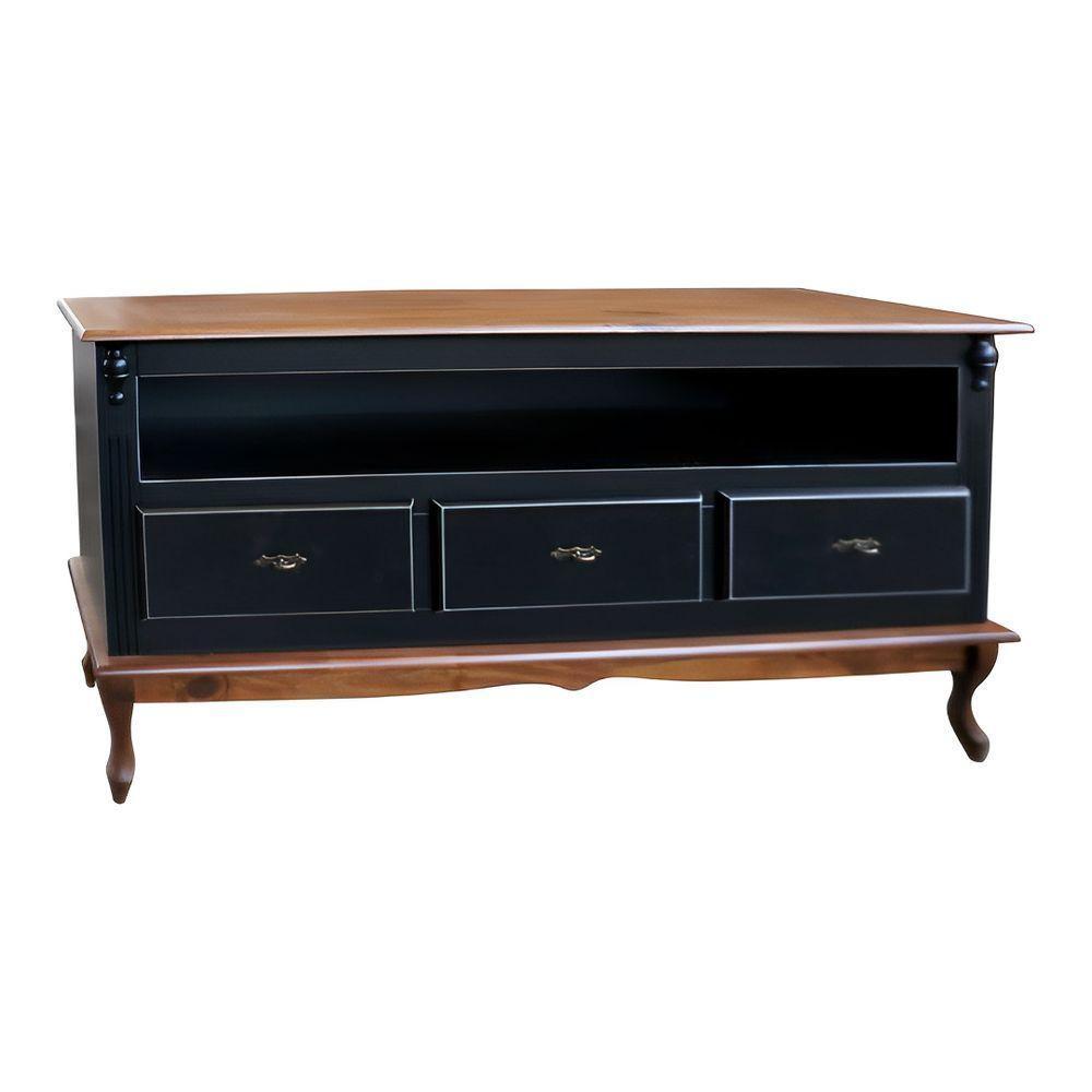 Rack Para Sala 3 Gavetas E Nicho Pés Luis Xv - Preto Laca Com Tampo E Base Castanho Envelhecido - 1