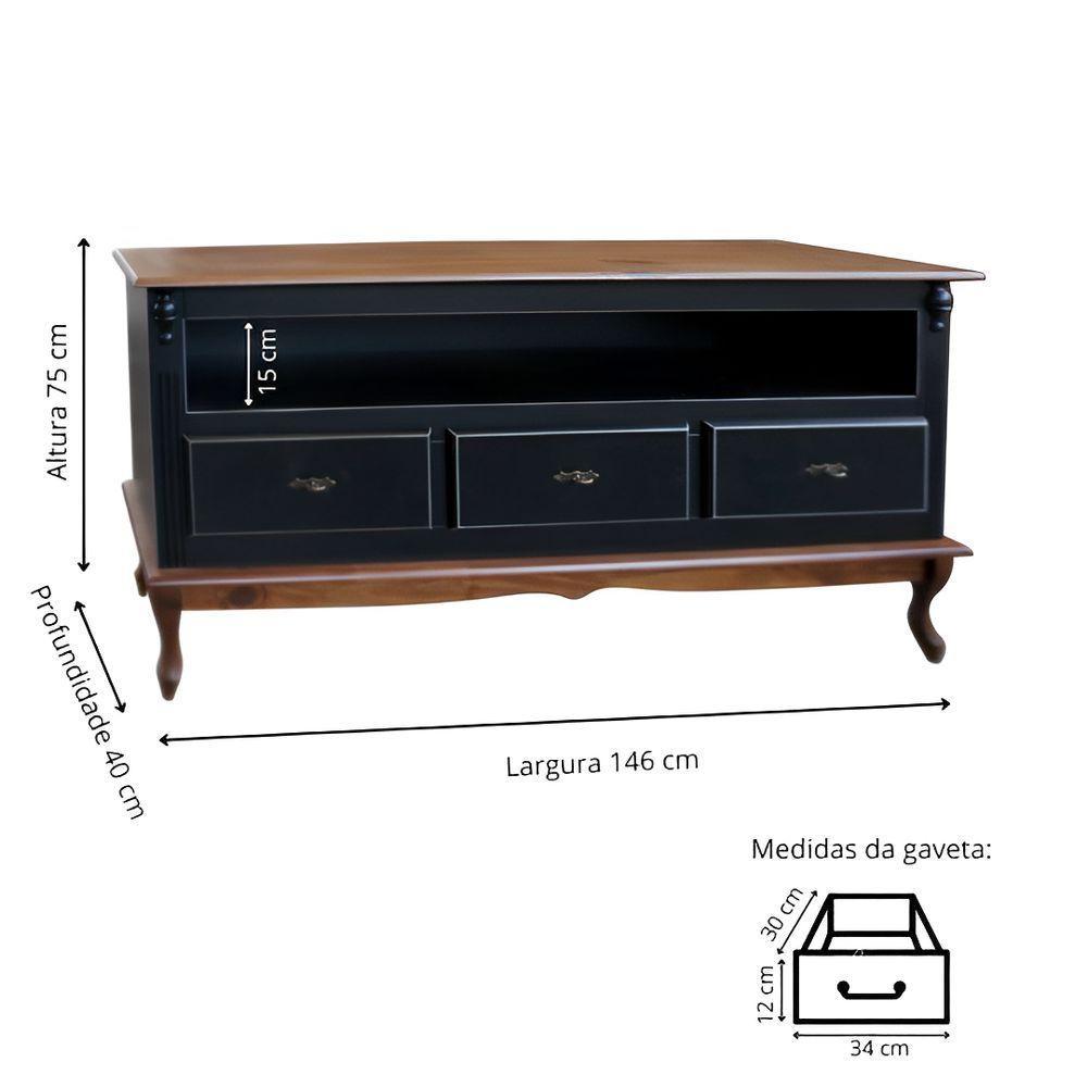 Rack Para Sala 3 Gavetas E Nicho Pés Luis Xv - Preto Laca Com Tampo E Base Castanho Envelhecido - 3