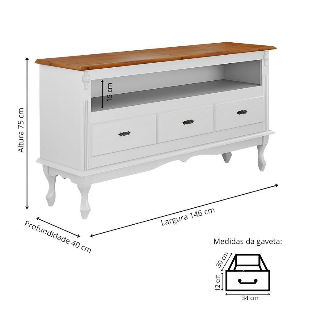 Rack Para Sala 3 Gavetas E Nicho Pés Luis Xv - Branco Laca Com Tampo Imbuia Glazer - 3