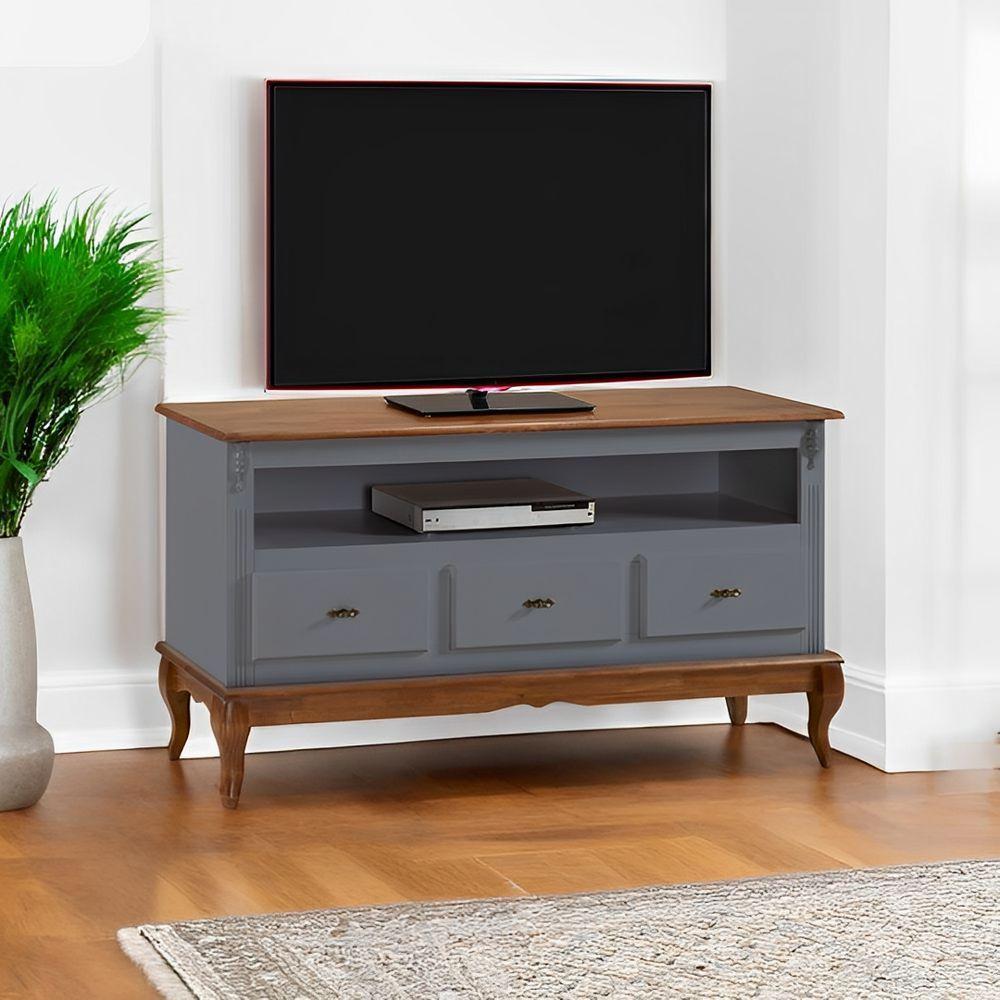 Rack Para Sala 3 Gavetas E Nicho Pés Luis Xv - Cinza Laca Com Tampos E Base Imbuia Glazer - 1