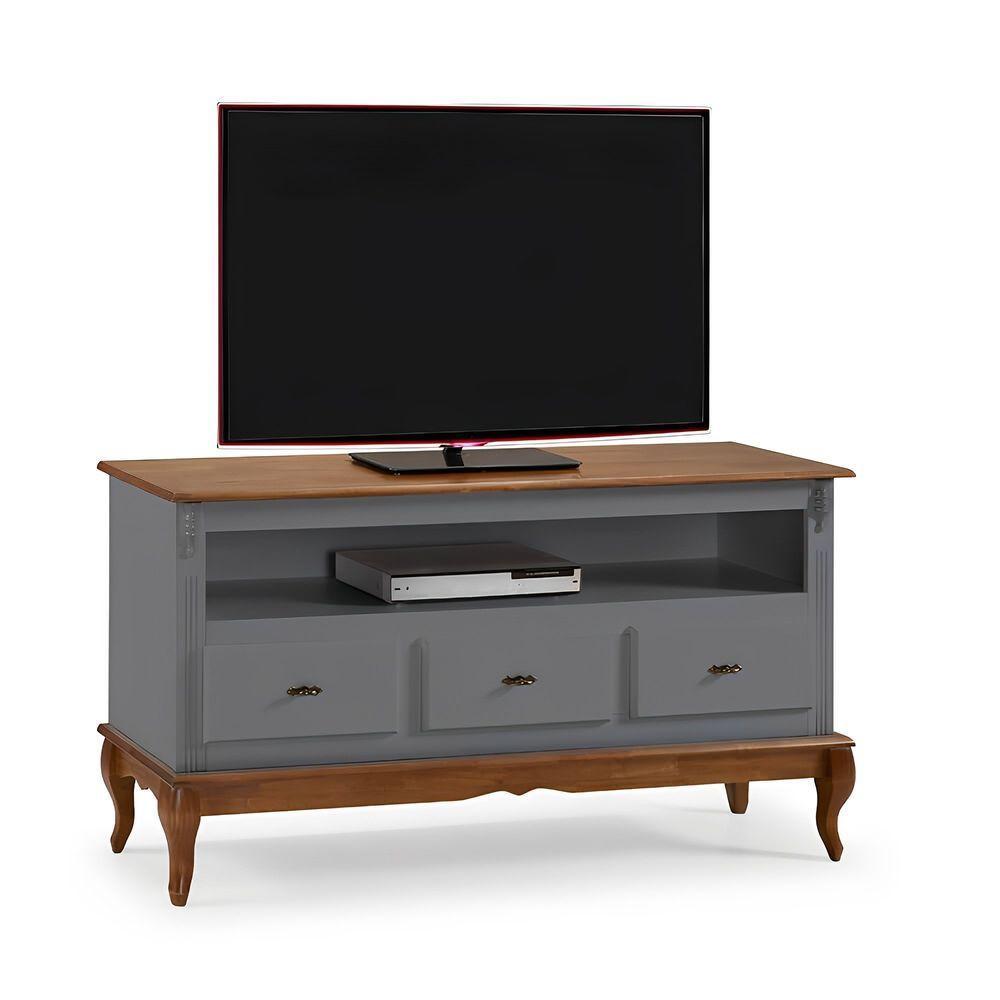 Rack Para Sala 3 Gavetas E Nicho Pés Luis Xv - Cinza Laca Com Tampos E Base Imbuia Glazer - 2