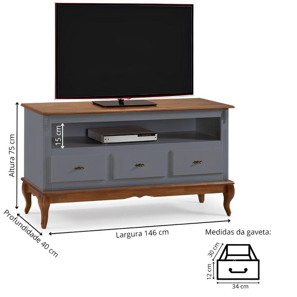 Rack Para Sala 3 Gavetas E Nicho Pés Luis Xv - Cinza Laca Com Tampos E Base Imbuia Glazer - 4