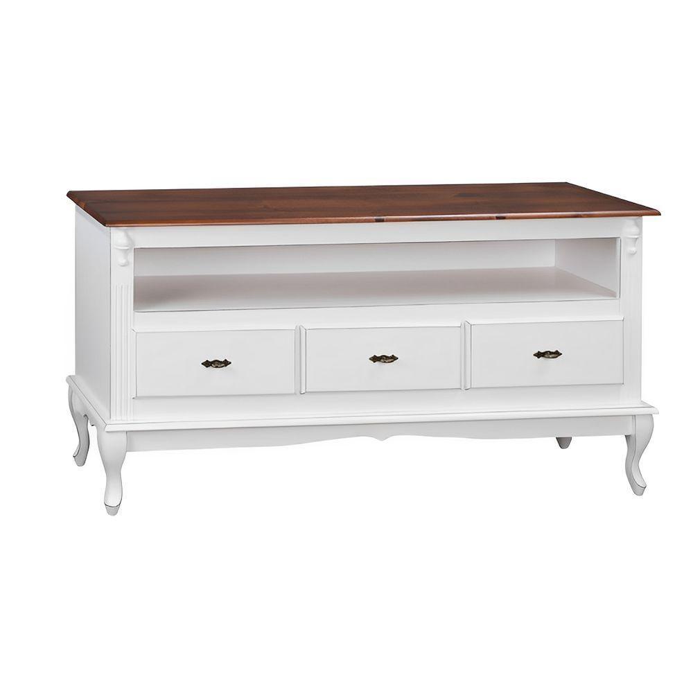 Rack Para Sala 3 Gavetas E Nicho Pés Luis Xv - Branco Laca Com Tampo Castanho Envelhecido - 1