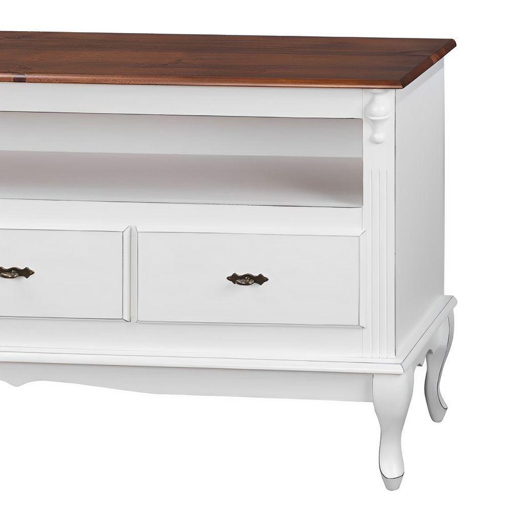 Rack Para Sala 3 Gavetas E Nicho Pés Luis Xv - Branco Laca Com Tampo Castanho Envelhecido - 2