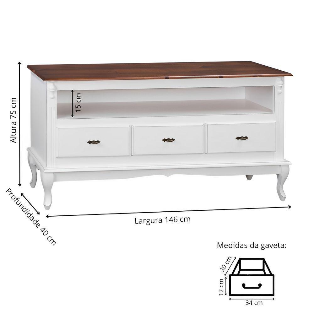 Rack Para Sala 3 Gavetas E Nicho Pés Luis Xv - Branco Laca Com Tampo Castanho Envelhecido - 3