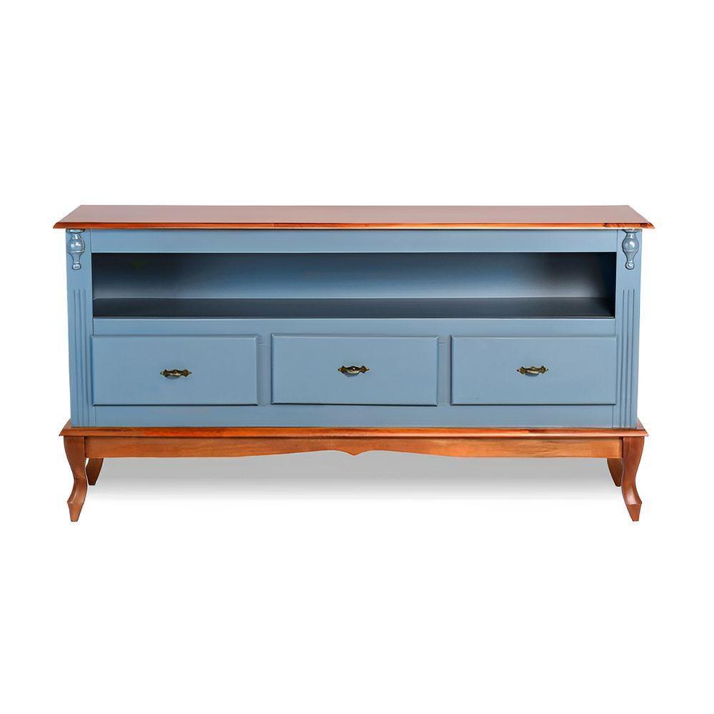 Rack Para Sala 3 Gavetas E Nicho Pés Luis Xv - Azul Céu Laca Com Tampo E Base Imbuia Glazer - 2