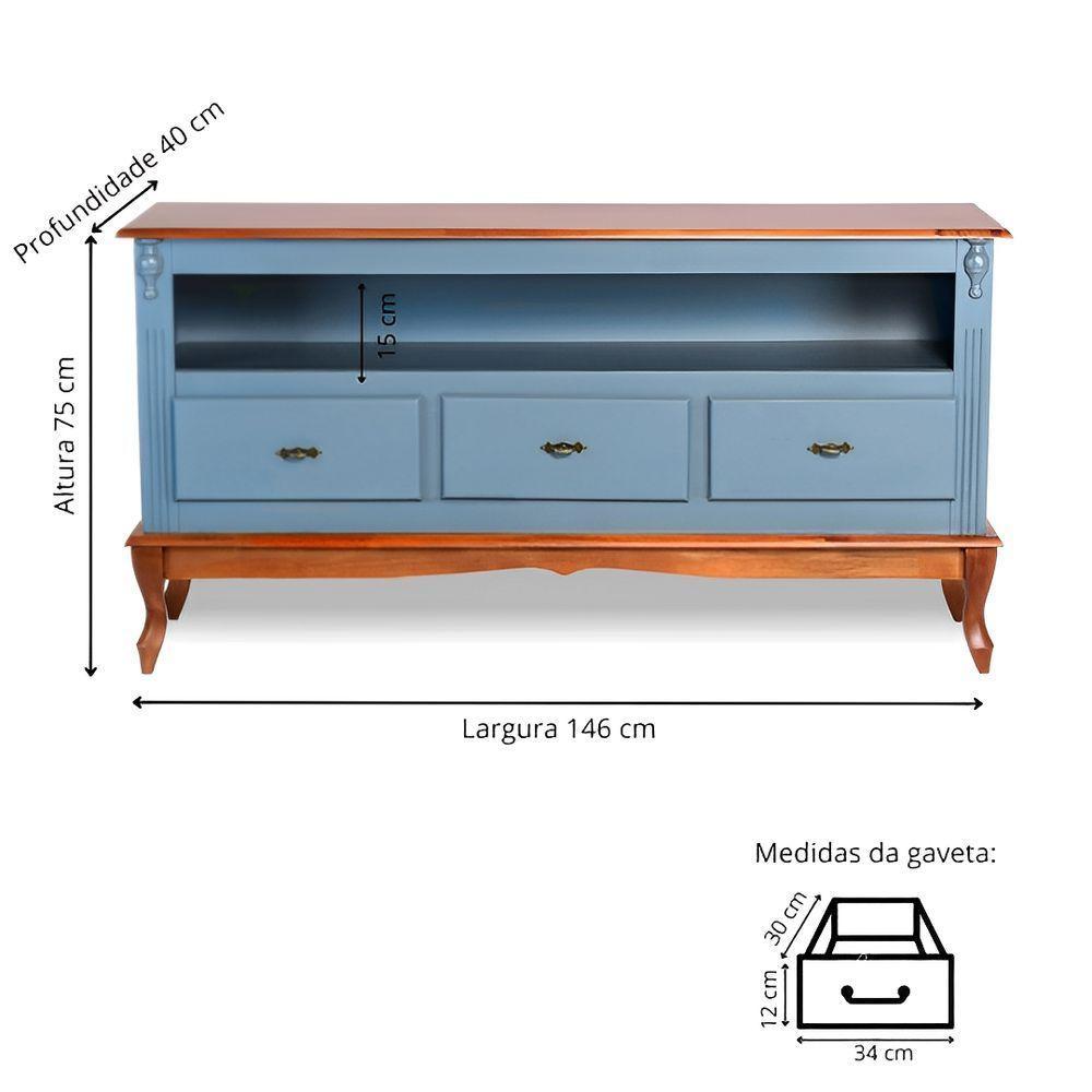 Rack Para Sala 3 Gavetas E Nicho Pés Luis Xv - Azul Céu Laca Com Tampo E Base Imbuia Glazer - 4