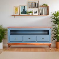 Rack Para Sala 3 Gavetas E Nicho Pés Luis Xv - Azul Céu Laca Com Tampo E Base Imbuia Glazer - 1