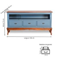 Rack Para Sala 3 Gavetas E Nicho Pés Luis Xv - Azul Céu Laca Com Tampo E Base Imbuia Glazer - 4