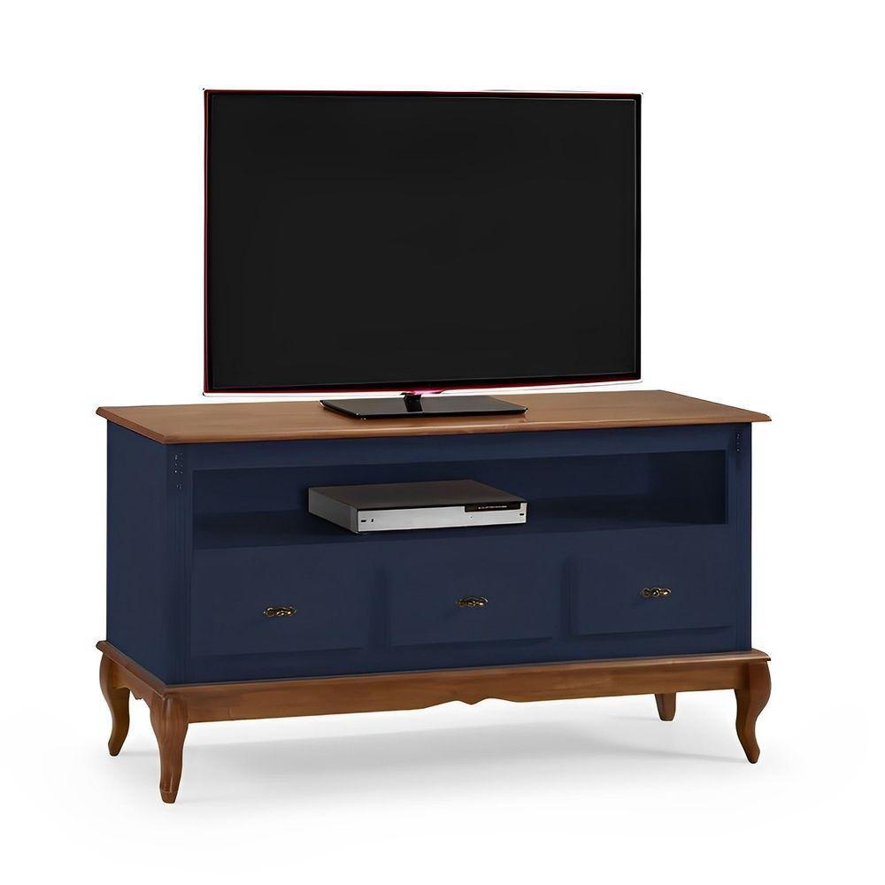 Rack Para Sala 3 Gavetas E Nicho Pés Luis Xv - Azul Bic Com Tampo E Base Imbuia Glazer - 1