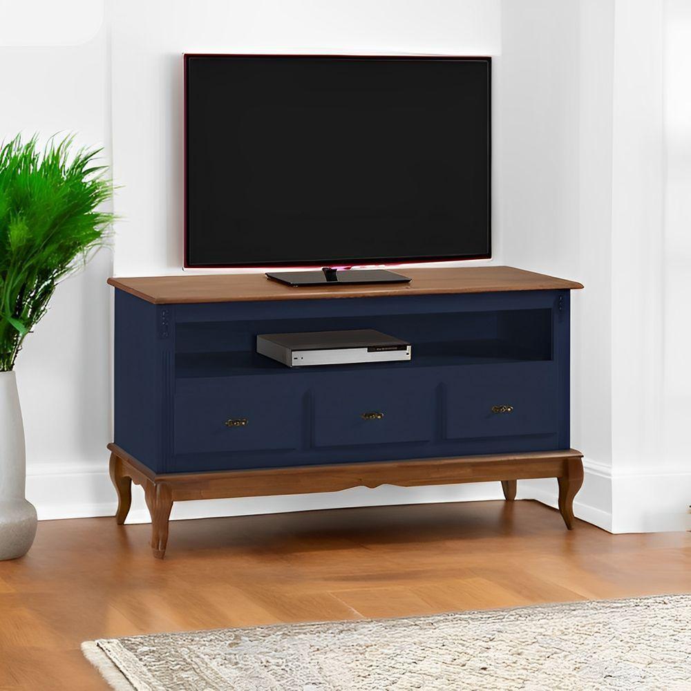 Rack Para Sala 3 Gavetas E Nicho Pés Luis Xv - Azul Bic Com Tampo E Base Imbuia Glazer - 2