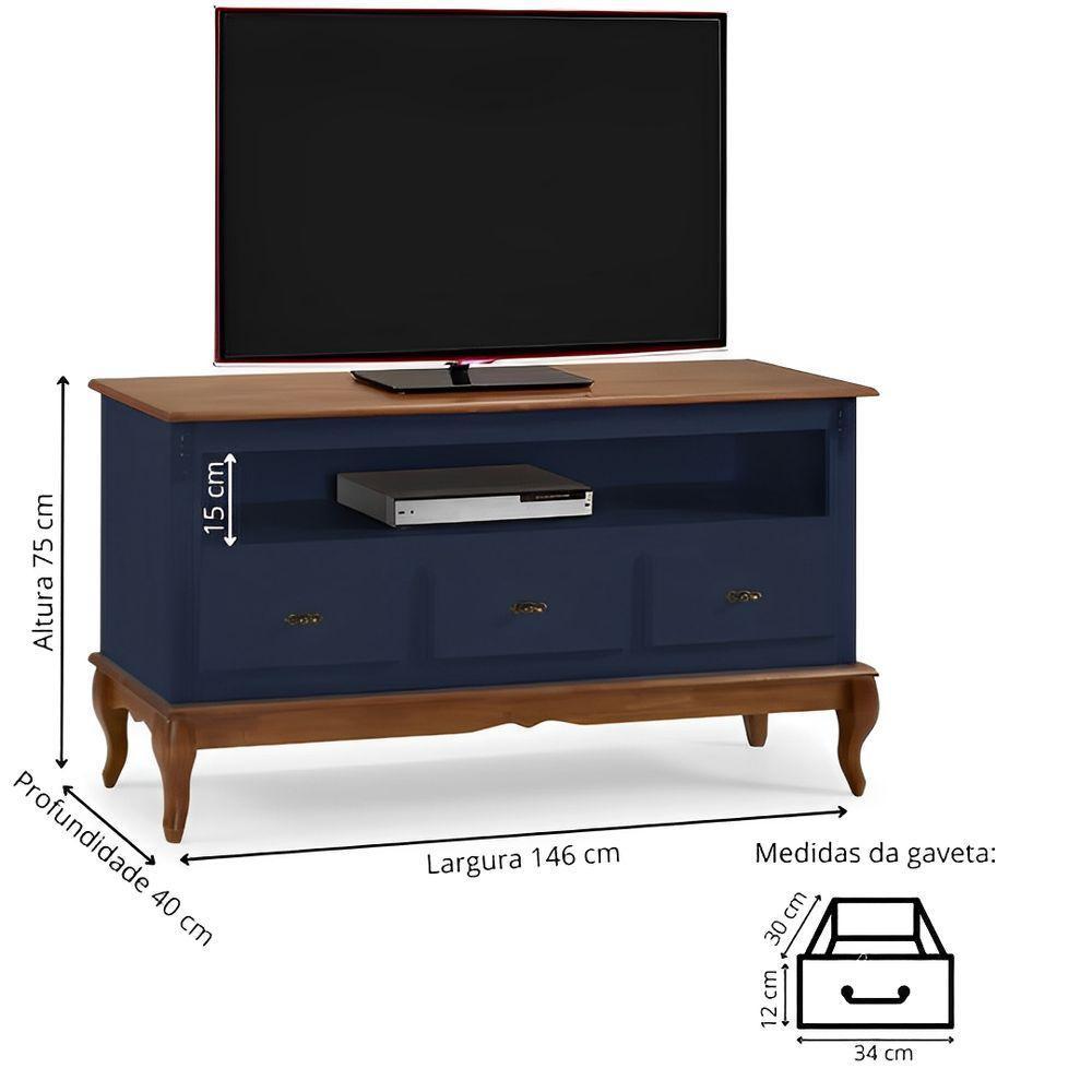Rack Para Sala 3 Gavetas E Nicho Pés Luis Xv - Azul Bic Com Tampo E Base Imbuia Glazer - 3