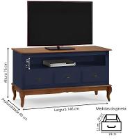 Rack Para Sala 3 Gavetas E Nicho Pés Luis Xv - Azul Bic Com Tampo E Base Imbuia Glazer - 3