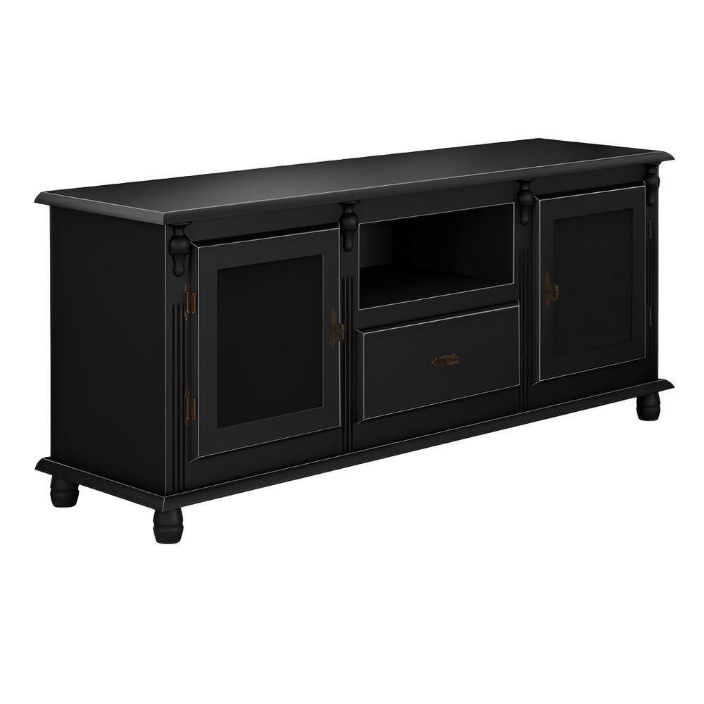 Rack Para Tv Com 2 Portas Gaveta E Nicho Pés Torneados - Preto Laca - 3