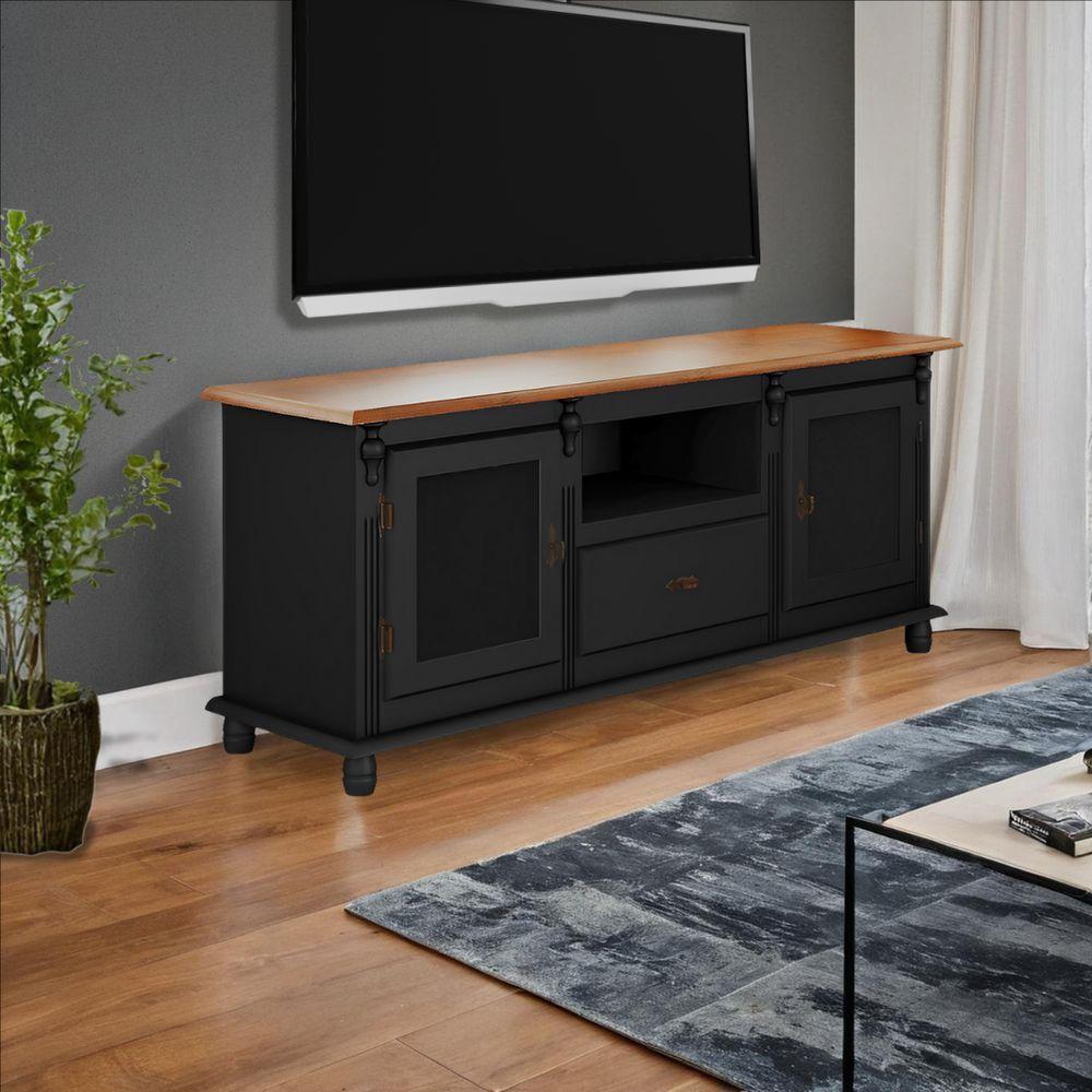 Rack Para Tv Com 2 Portas Gaveta E Nicho Pés Torneados - Preto Laca Com Tampo Imbuia Glazer - 1