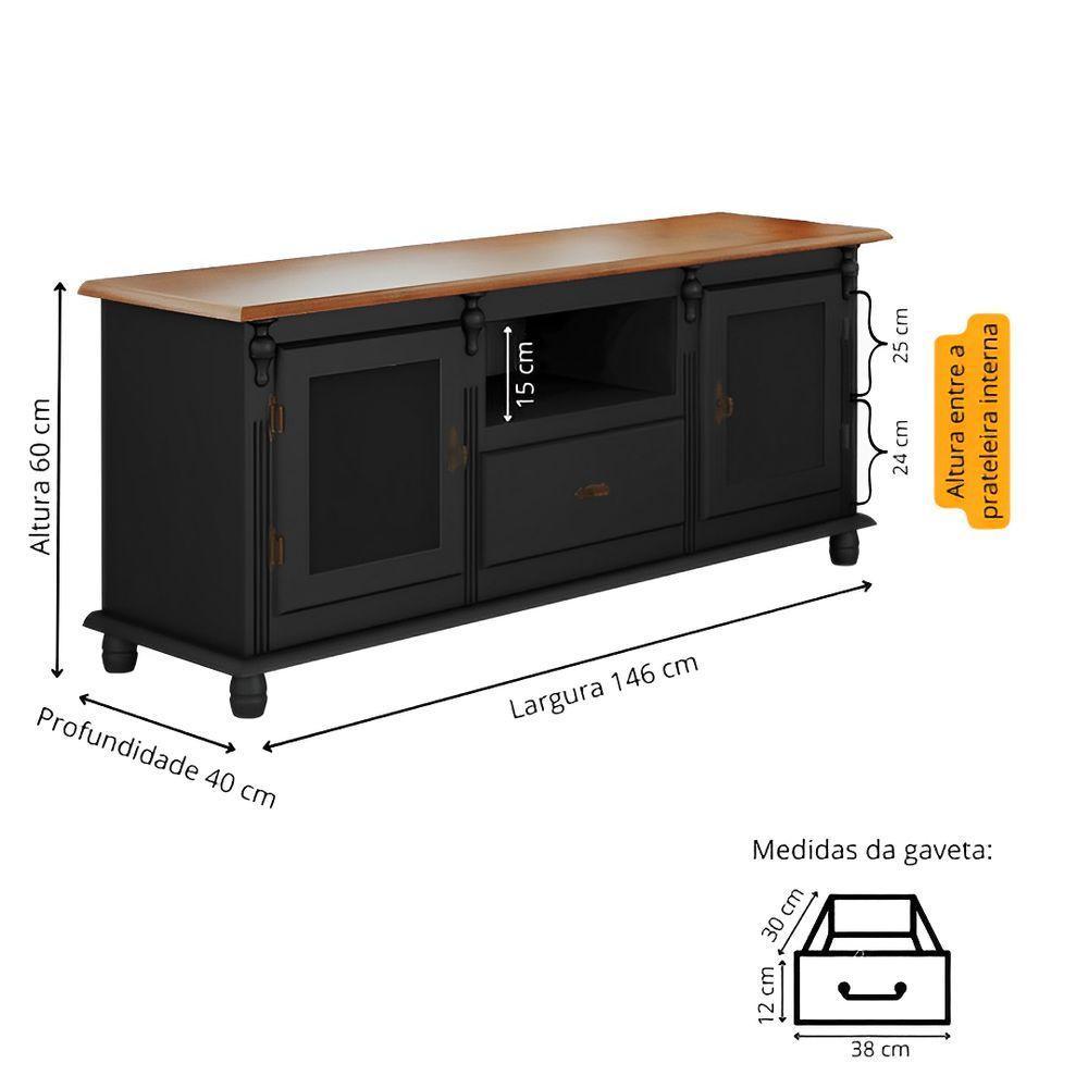 Rack Para Tv Com 2 Portas Gaveta E Nicho Pés Torneados - Preto Laca Com Tampo Imbuia Glazer - 4