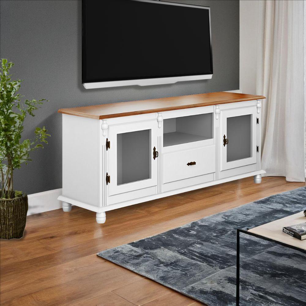 Rack Para Tv Com 2 Portas Gaveta E Nicho Pés Torneados - Branco Laca Com Tampo Imbuia Glazer - 1