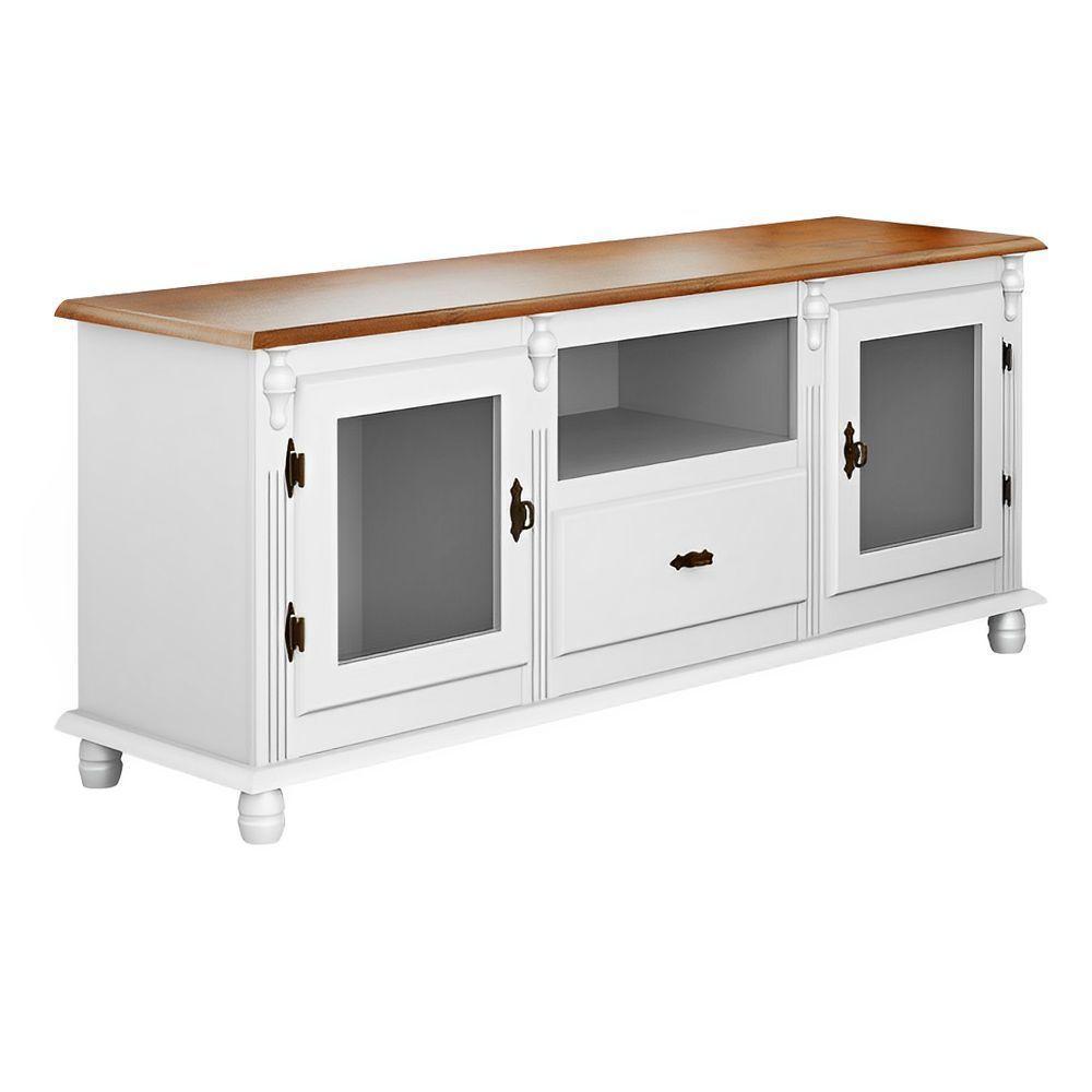 Rack Para Tv Com 2 Portas Gaveta E Nicho Pés Torneados - Branco Laca Com Tampo Imbuia Glazer - 2