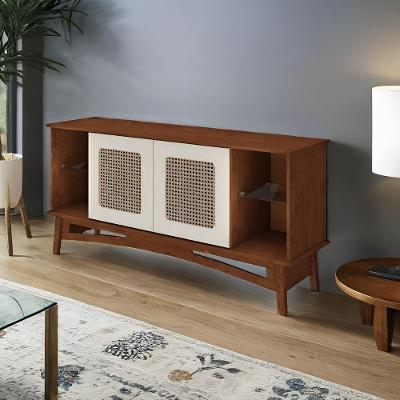Rack Para Tv De Madeira 2 Portas Em Rattan E 2 Prateleiras De Vidro - Imbuia Glazer Com Portas Nude Laca