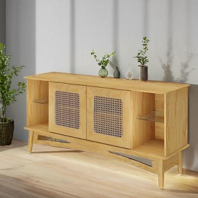 Rack Para Tv De Madeira 2 Portas Em Rattan E 2 Prateleiras De Vidro - Garapa