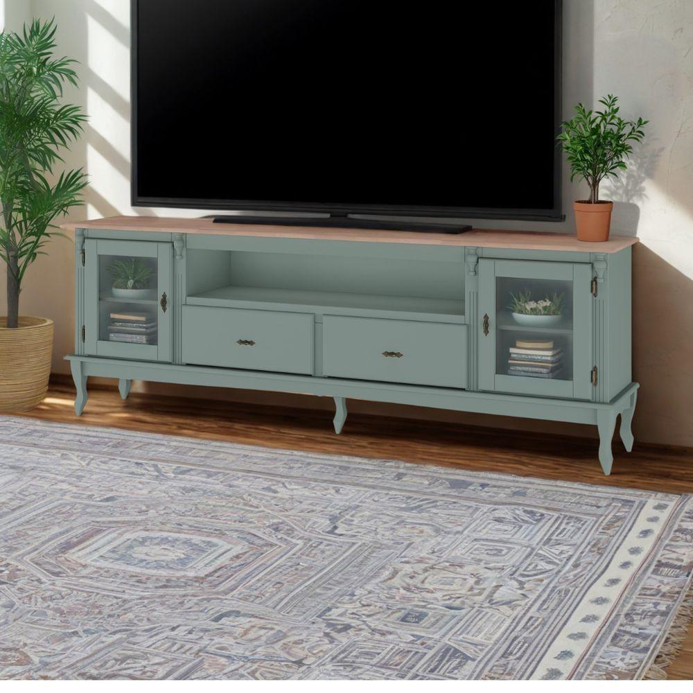 Rack Para Tv Com Pés Luiz Xv 2 Gavetas 2 Portas E Nicho - Verde Menta Laca Com Tampo Avelã - 1