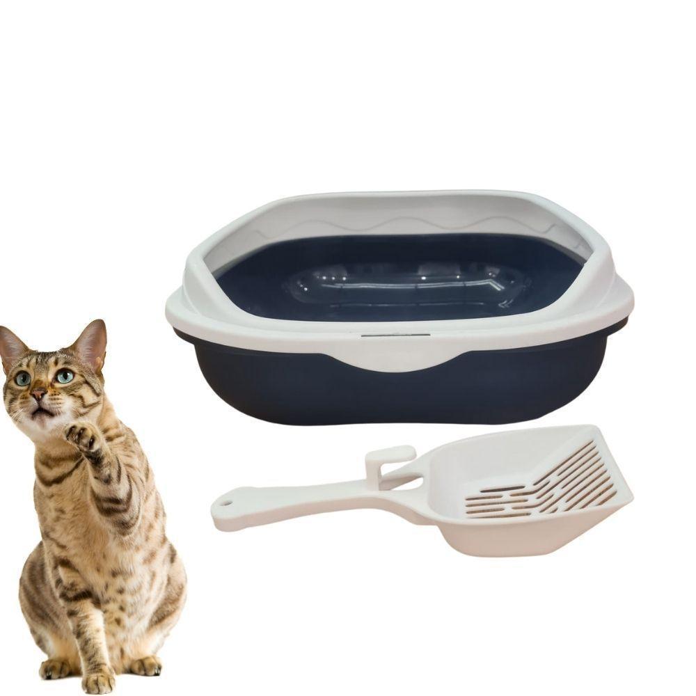 Caixa De Areia Banheiro Higiênica Bandeja Para Pets Gatos Com Borda + 1 Pá Coletora Azul Escuro - 1