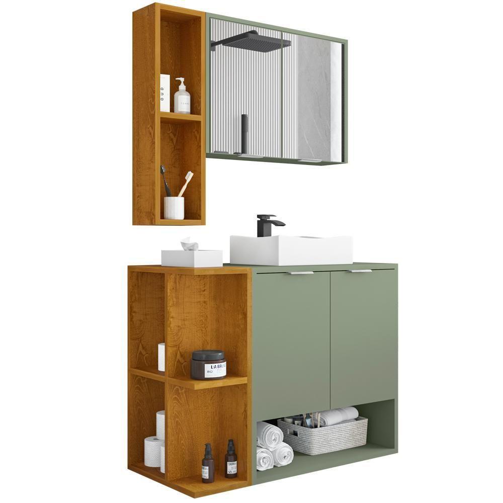 Gabinete Espelheira E Cuba Branca 70 Cm Ibiza Bechara Pistache Naturalle - 1