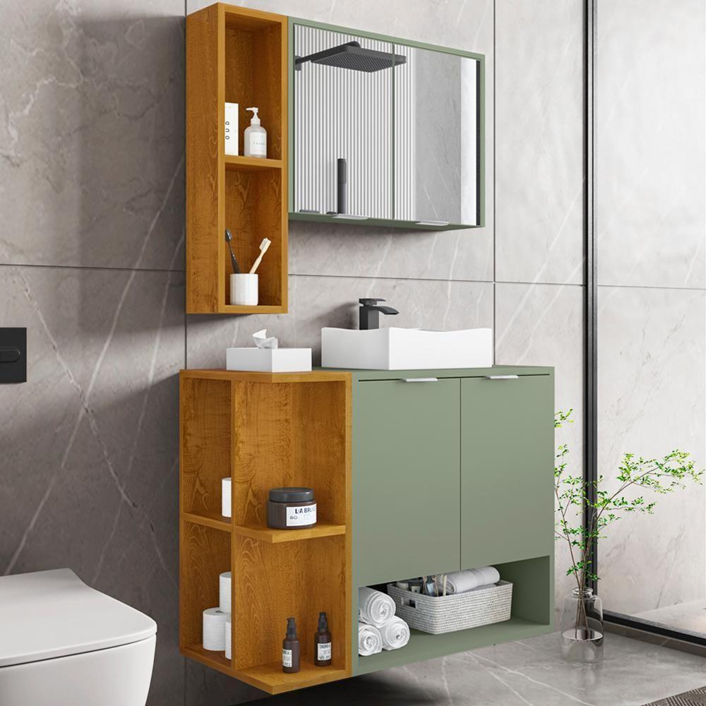 Gabinete Espelheira E Cuba Branca 70 Cm Ibiza Bechara Pistache Naturalle - 2