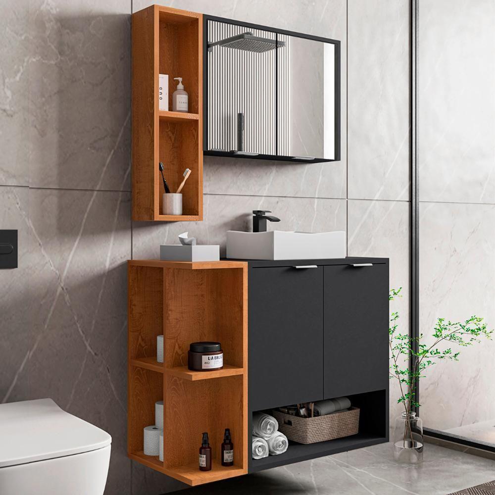 Gabinete Espelheira E Cuba Branca 70 Cm Ibiza Bechara Preto Fosco Naturalle - 2