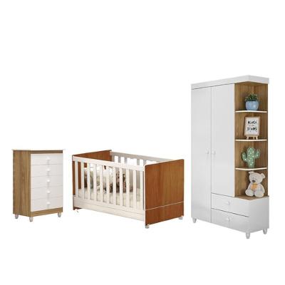 Quarto Infantil Berço, Roupeiro, Cômoda Nature/Branco