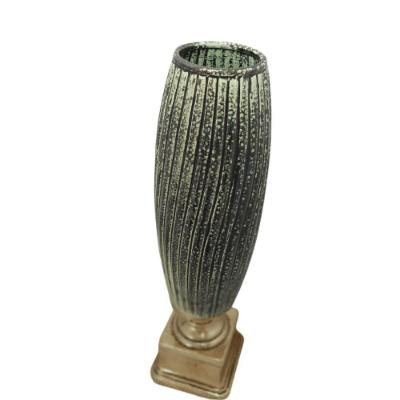 Vaso Decorativo Canelado Verde De Cerâmica + Base Ouro Velho 56cm