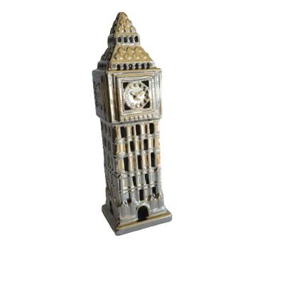 Escultura Torre Relógio Big Ben Cerâmica Prata 35cm