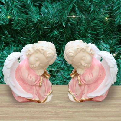 Par De Anjos De Gesso Rosa Sentado Estátua Decorativa 11cm