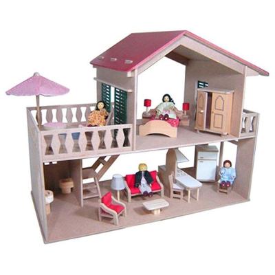 Casa De Boneca Com Piscina - Com Móveis - Madeira - 2 Andares - Bohney