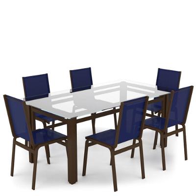 Sala Jantar Retangular 6 Lugares Alumínio Marrom Tela Azul