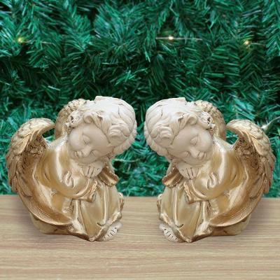Par De Anjos De Gesso Madrepérola Sentado Estátua Decorativa 11cm