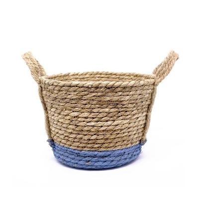 Cesta De Fibra Natural Seagrass Com Fundo Azul 20x27x27 Cm