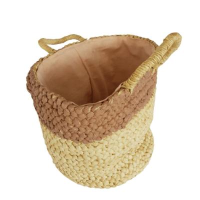 Cesto Multi Uso Em Palha Natural E Forração Interna Tecido Alt 37cm X 40cm Diâmetro