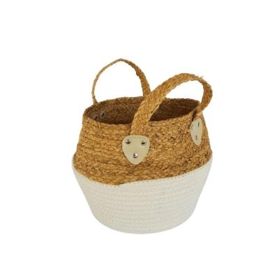 Cesto Multi Uso Em Palha E Algodão Com Alças Alt 23cm X 30cm Diâmetro