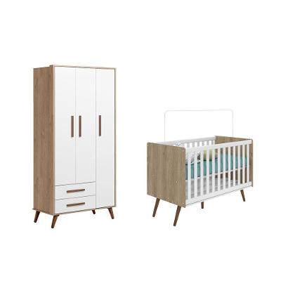 Quarto Infantil Guarda Roupa Retrô E Berço Mini Cama Americano Retrô Carvalho/Branco - Fdecor
