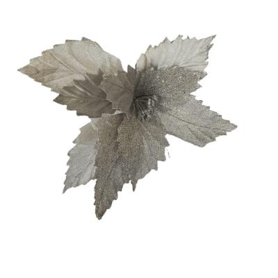 Flor Artificial Natalina Poinsétia Tecido Prata Haste 39cm