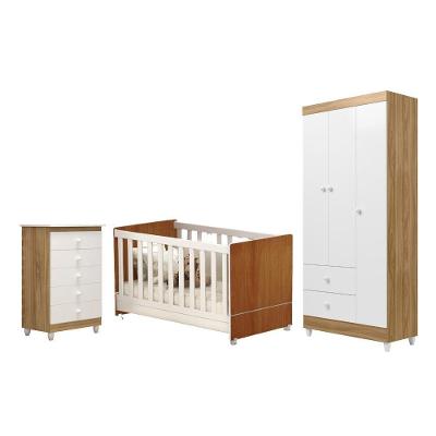 Quarto Infantil Berço Roupeiro Cômoda Nature/Branco