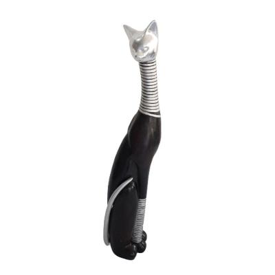 Gato Slim Preto Resina Com Detalhes Cinza 65cm