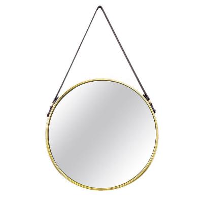 Espelho Adnet Dourado Alça de Couro Marrom 75,5x45,5cm
