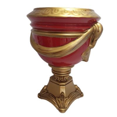 Vaso Decorativo Cerâmica Vermelho+ Alto Relevo + Base Em Ouro Velho 36cm