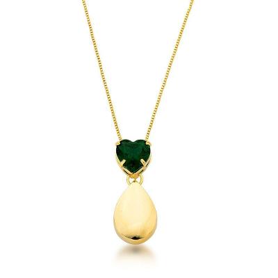 Colar Gota Lisa E Zirconia Coração Banhada Ouro 18k - Verde Escuro