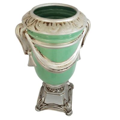 Vaso Cachepot Craquelado Verde Em Cerâmica Com Base Cinza 39cm